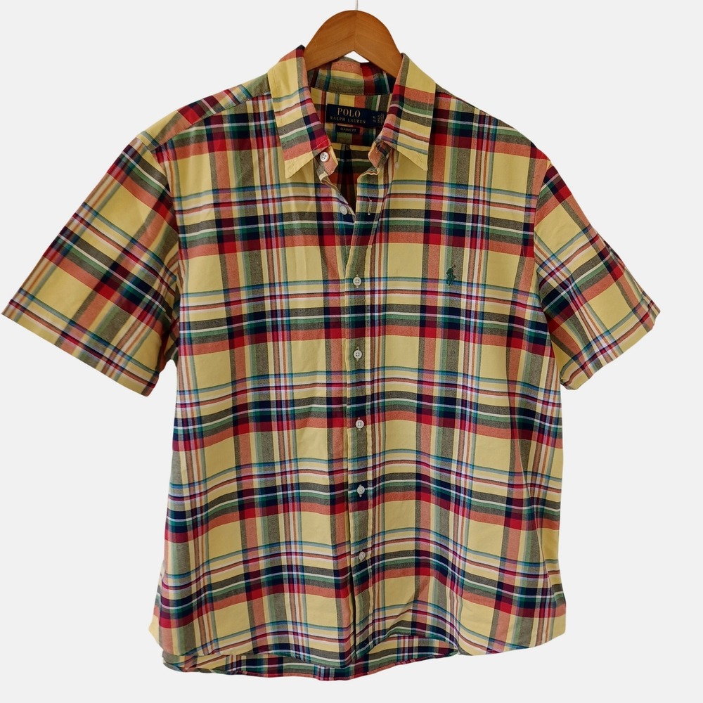 Polo Ralph Lauren Men XL Classic Fit Plaid Short Sleeve Button Down Shirt Yellow